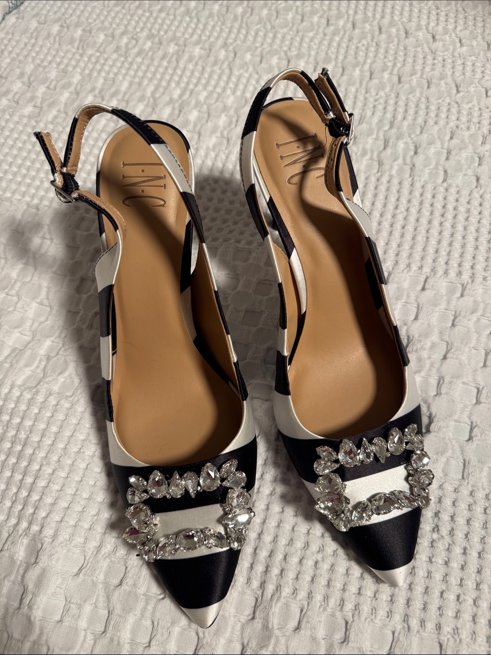Striped Black and White Slingback Heels with Crystal Buckle - Picture 5 of 6